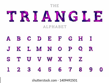 Vector of triangle alphabet and font. Lowpoly style letters and numbers. Modern colorful typeface.   
