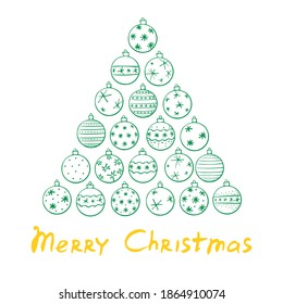 Vector Triangle of Christmas tree balls with lettering Merry Christmas. New year and Xmas illustration for greeting cards, invitations, calendars, prints. Outline, doodle, hand drawn