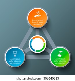 Vector triangle with circles for infographic. Template for cycle diagram, graph, presentation and round chart. Business concept with 3 options, parts, steps or processes. Data visualization.