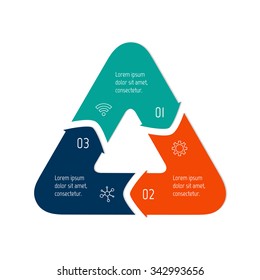 Vector triangle connected infographic diagram. Circular chart with 3 options. Paper progress steps for tutorial with three parts. Business concept sequence banner. EPS10 work flow layout.
