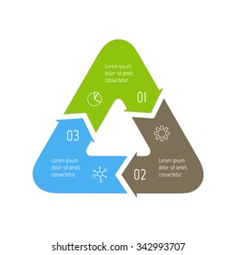Vector triangle connected infographic diagram. Circular chart with 3 options. Paper progress steps for tutorial with three parts. Business concept sequence banner. EPS10 work flow layout.