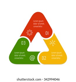 Vector triangle connected infographic diagram. Circular chart with 3 options. Paper progress steps for tutorial with three parts. Business concept sequence banner. EPS10 work flow layout.