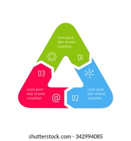 Vector triangle connected infographic diagram. Circular chart with 3 options. Paper progress steps for tutorial with three parts. Business concept sequence banner. EPS10 work flow layout.