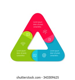 Vector triangle connected infographic diagram. Circular chart with 3 options. Paper progress steps for tutorial with three parts. Business concept sequence banner. EPS10 workflow layout.