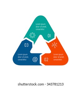 Vector triangle connected infographic diagram. Circular chart with 3 options. Paper progress steps for tutorial with three parts. Business concept sequence banner. EPS10 workflow layout.
