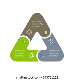 Vector triangle connected infographic diagram. Circular chart with 3 options. Paper progress steps for tutorial with three parts. Business concept sequence banner. EPS10 workflow layout.