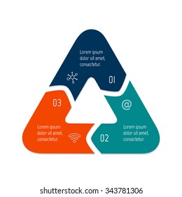 Vector triangle connected infographic diagram. Circular chart with 3 options. Paper progress steps for tutorial with three parts. Business concept sequence banner. EPS10 workflow layout.