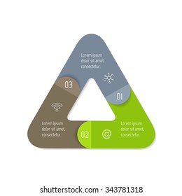 Vector triangle connected infographic diagram. Circular chart with 3 options. Paper progress steps for tutorial with three parts. Business concept sequence banner. EPS10 workflow layout.