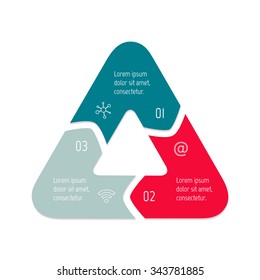 Vector triangle connected infographic diagram. Circular chart with 3 options. Paper progress steps for tutorial with three parts. Business concept sequence banner. EPS10 workflow layout.