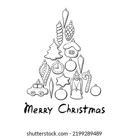 Vector Triangle of contoured glass toys, decorations for xmas tree with lettering Merry Christmas. New year, Xmas illustration for greeting cards, invitations, calendars. Outline, doodle, hand drawn