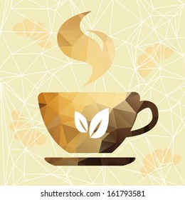 Vector triangle cup. Abstract cup of geometric shapes. Sign of the orange cup.    Abstract cup of coffee on a geometric background.
