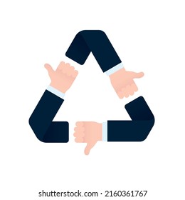Vector triangle ecological symbol icon with hands making OK gesture. Isolated on white background.
