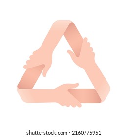 Vector triangle ecological symbol icon with hands holding each other. Isolated on white background.