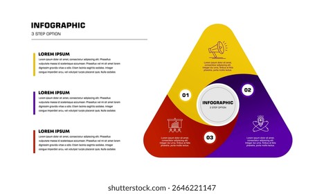 Elemento triângulo vetorial para infográfico. Modelo para diagrama, gráfico, apresentação cíclica. Conceito de negócios com 3 opções, peças, etapas ou processos.	