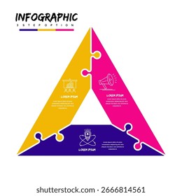 Quebra-cabeça de elemento de triângulo vetorial para infográfico. Modelo para diagrama, gráfico, apresentação cíclica. Conceito de negócios com 3 opções, peças, etapas ou processos.	