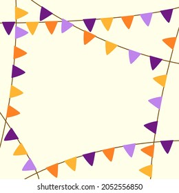 Vector triangle flag line in purple, orange, yellow color tone as a frame of beige copy space. Printable card design in flag theme