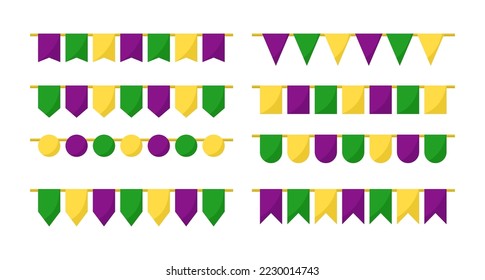 Vector triangle flags garland collection isolated on white background. Burgee cartoon set for Mardi Gras decor