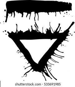 Vector triangle frame of ink with paint drips in different directions. Drops swollen using air flow. Grungy dirty style with small splashes of paint in chaotic manner. Space for text in the middle.