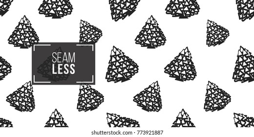 Vector triangle garland tree seamless pattern. Merry Christmas and happy new year greeting card backdrop design. Retro hand drawn flat art on white background.