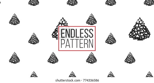 Vector triangle garland tree seamless pattern. Merry Christmas and happy new year greeting card backdrop design. Retro hand drawn flat art on white background.