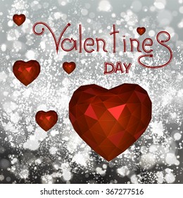 Vector triangle heart on blure background for valentines day. Abstract light grey background with effect bokeh and shine. Valentines day text