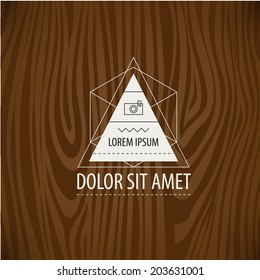 vector triangle hipster abstract geometrical icon, label, logo with camera on the wooden background