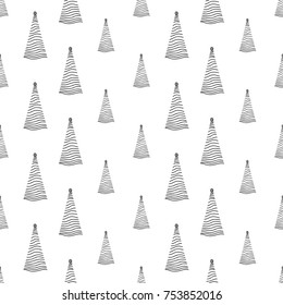 Vector triangle lined xmas tree seamless pattern. Merry Christmas and happy new year greeting card backdrop design. Retro hand drawn flat art on white background.