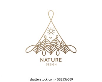 Vector triangle logo of nature elements on white background. Linear icon of landscape with trees and sun - business emblems, badge for a travel, spa and ecology concepts, health and yoga Center. 
