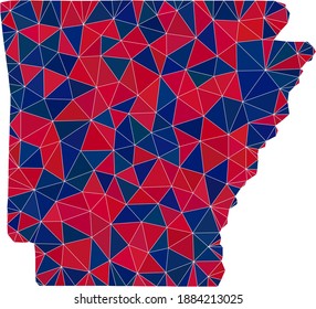 Vector triangle mosaic map of Arkansas State in American flag colors, blue and red. Geographic plan in blue and red color tints. Abstract mosaic of map of Arkansas State combined of triangle spots.
