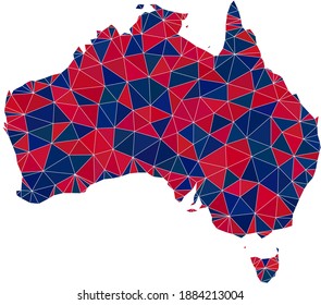 Vector triangle mosaic map of Australia in American flag colors, blue and red. Geographic plan in blue and red color shades. Abstract mosaic of map of Australia organized of triangle items.