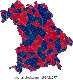 Vector triangle mosaic map of Bavaria State in American flag colors, blue and red. Geographic plan in blue and red color tones. Abstract mosaic of map of Bavaria State created of triangle elements.
