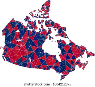 Vector triangle mosaic map of Canada in American flag colors, blue and red. Geographic plan in blue and red color hues. Abstract mosaic of map of Canada combined of triangle spots.