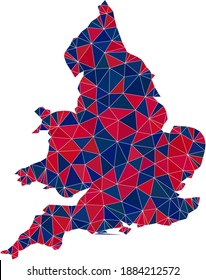 Mapa de mosaicos del triángulo vectorial de Inglaterra con colores de bandera estadounidense, azul y rojo. Collage geográfico en tintes de color azul y rojo. Concepto abstracto del mapa de Inglaterra hecho de elementos triangulares.