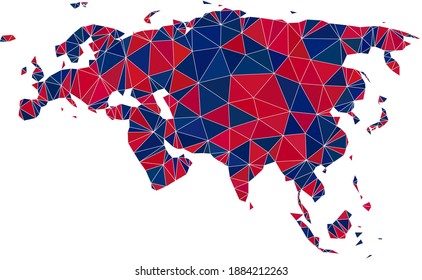 Vector triangle mosaic map of Europe and Asia in American flag colors, blue and red. Geographic scheme in blue and red color tinges.