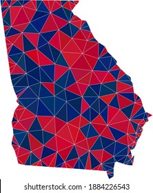 Vector triangle mosaic map of Georgia State in American flag colors, blue and red. Geographic scheme in blue and red color shades. Abstract mosaic of map of Georgia State created of triangle elements.