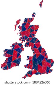 Vector triangle mosaic map of Great Britain and Ireland in American flag colors, blue and red. Geographic scheme in blue and red color shades.