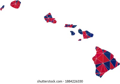 Vector triangle mosaic map of Hawaii State in American flag colors, blue and red. Geographic collage in blue and red color tints. Abstract mosaic of map of Hawaii State constructed of triangle spots.