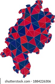 Vector triangle mosaic map of Hesse State in American flag colors, blue and red. Geographic plan in blue and red color tints. Abstract collage of map of Hesse State designed of triangle spots.