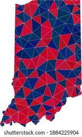 Vector triangle mosaic map of Indiana State in American flag colors, blue and red. Geographic collage in blue and red color tints. Abstract collage of map of Indiana State done of triangle spots.