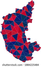 Vector triangle mosaic map of Karnataka State in American flag colors, blue and red. Geographic collage in blue and red color tones. Abstract collage of map of Karnataka State made of triangle items.