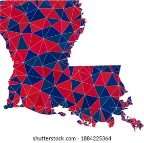 Mapa de mosaicos del triángulo vectorial del estado de Louisiana en colores de bandera norteamericana, azul y rojo. Collage geográfico en tintes de color azul y rojo.