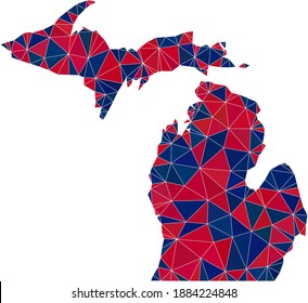 Vector triangle mosaic map of Michigan State in American flag colors, blue and red. Geographic plan in blue and red color shades. Abstract mosaic of map of Michigan State created of triangle spots.