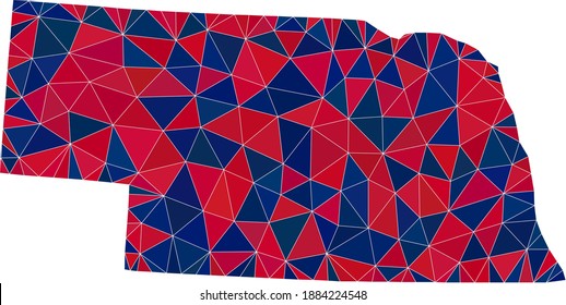 Vector triangle mosaic map of Nebraska State in American flag colors, blue and red. Geographic collage in blue and red color tinges.