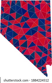 Vector triangle mosaic map of Nevada State in American flag colors, blue and red. Geographic plan in blue and red color hues. Abstract mosaic of map of Nevada State made of triangle spots.