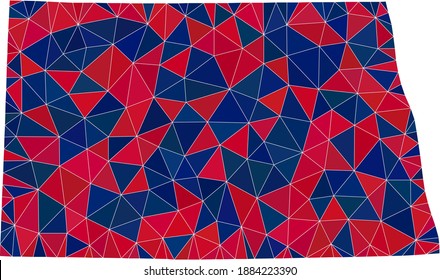 Vector triangle mosaic map of North Dakota State in American flag colors, blue and red. Geographic collage in blue and red color tints.