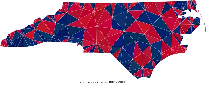 Vector triangle mosaic map of North Carolina State in American flag colors, blue and red. Geographic collage in blue and red color tints.