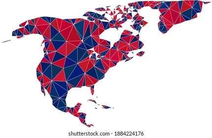 Vector triangle mosaic map of North America and Greenland in American flag colors, blue and red. Geographic plan in blue and red color tinges.
