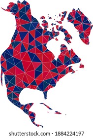 Mapa de mosaicos del triángulo vectorial de Norteamérica con colores de bandera norteamericana, azul y rojo. Collage geográfico en tintes de color azul y rojo. Collage abstracto del mapa de América del Norte diseñado de partes triangulares.