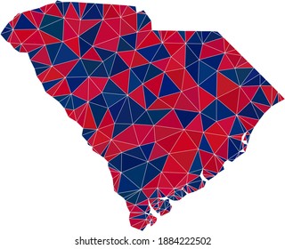 Vector triangle mosaic map of South Carolina State in American flag colors, blue and red. Geographic plan in blue and red color hues.