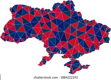 Vector triangle mosaic map of Ukraine in American flag colors, blue and red. Geographic collage in blue and red color tinges. Abstract collage of map of Ukraine constructed of triangle parts.